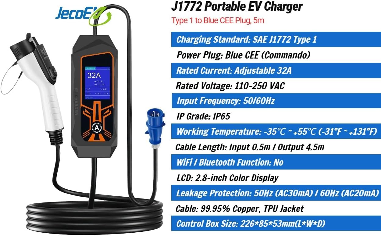 Portable EV Charger, SAE J1772 Type 1 to Blue CEE Commando Plug, Adjustable 32A, 5M Cable, LCD Display