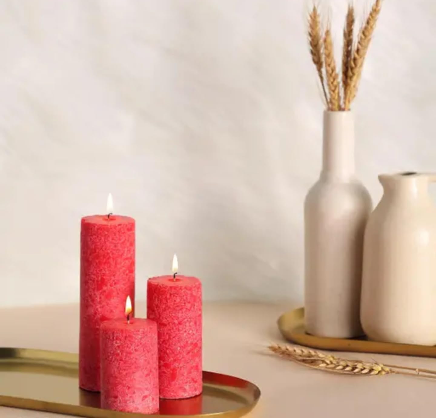 Decorative Pillar Candles, Red, Set of 3, Textured Finish