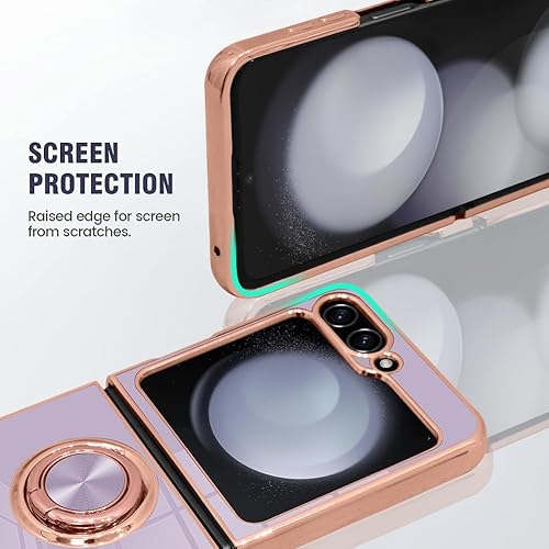 Miniatura 4 de SAKUULO Funda para Samsung Galaxy Z Flip 5 con soporte de anillo magnético de rotación de 360, chapado brillante, borde dorado, suave, delgado, a