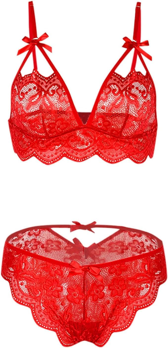 Women Fashion Flowers Lace Bow Wire Free Lingerie Two Piece Bikini Sets || Strappy Heart Shaped Bra and Panty-picture-57