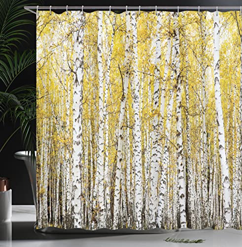 ABAKUHAUS Forest Shower Curtain, Autumn Birch Forest Golden Yellow Leaves Woodland October Seasonal Nature Picture - Image 3