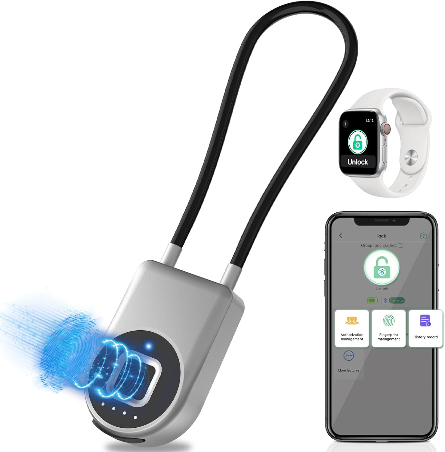 Eseesmart Long Shackle Fingerprint Padlock with APP Control, Cabinet and Luggage Lock, Outdoor Waterproof Padlock for Gym Locker, Suitcase, Cabinets and Gate – Silver