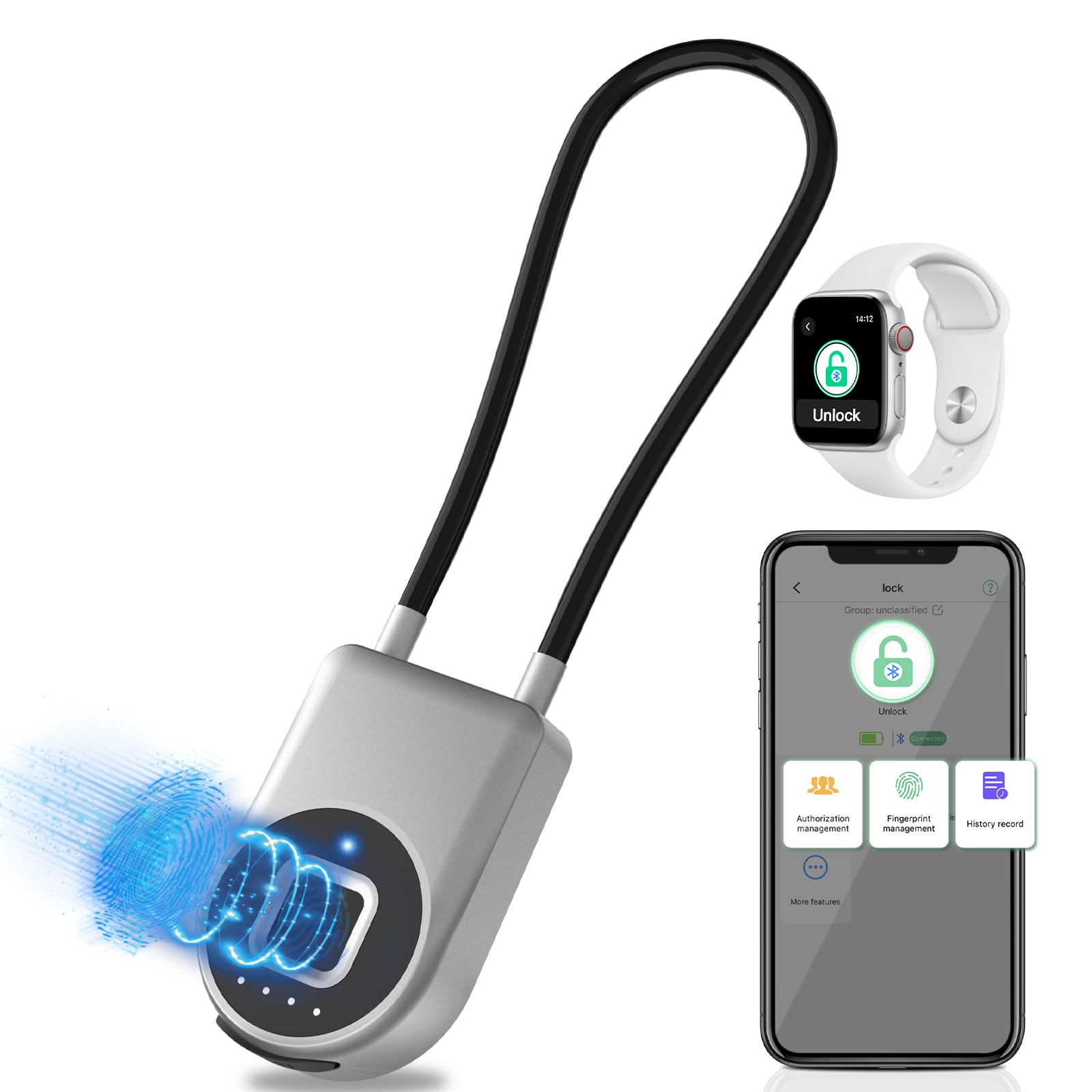 Eseesmart Long Shackle Fingerprint Padlock with APP Control, Cabinet and Luggage Lock, Outdoor Waterproof Padlock for Gym Locker, Suitcase, Cabinets and Gate - Silver