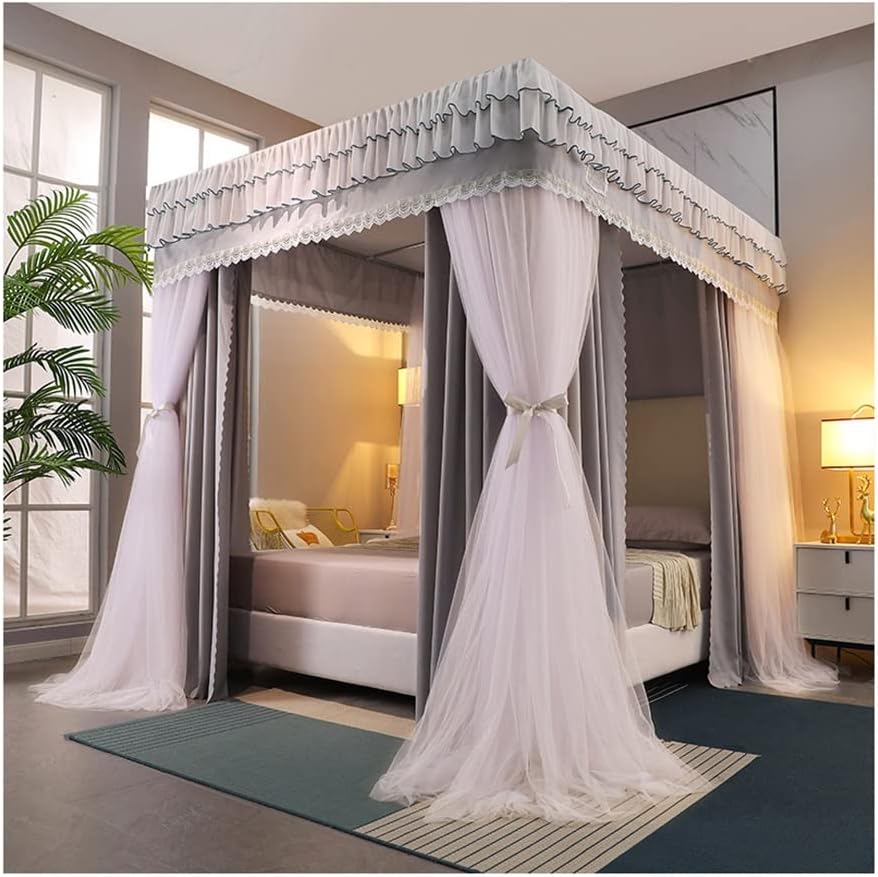 Court Style Bed Canopy Mosquito Net for Double Bed, Girl Princess Room Romantic Bedroom Decoration 4 Corner Post Bed Curtains (Orange 180X220X200Cm) (Green B)/Grey/a