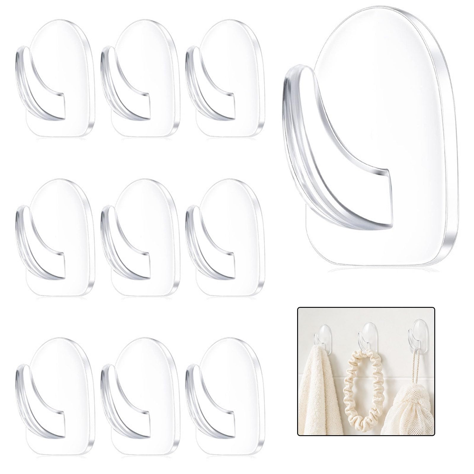 QIHAWN 10Pcs Self Adhesive Hooks Heavy Duty Clear Acrylic Bathroom Kitchen