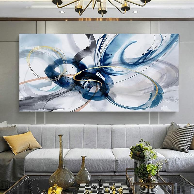Cuadro abstracto con remolinos azules y dorados, arte mural de gran formato para la decoración de la sala de estar (65 x 130 cm/sin marco)