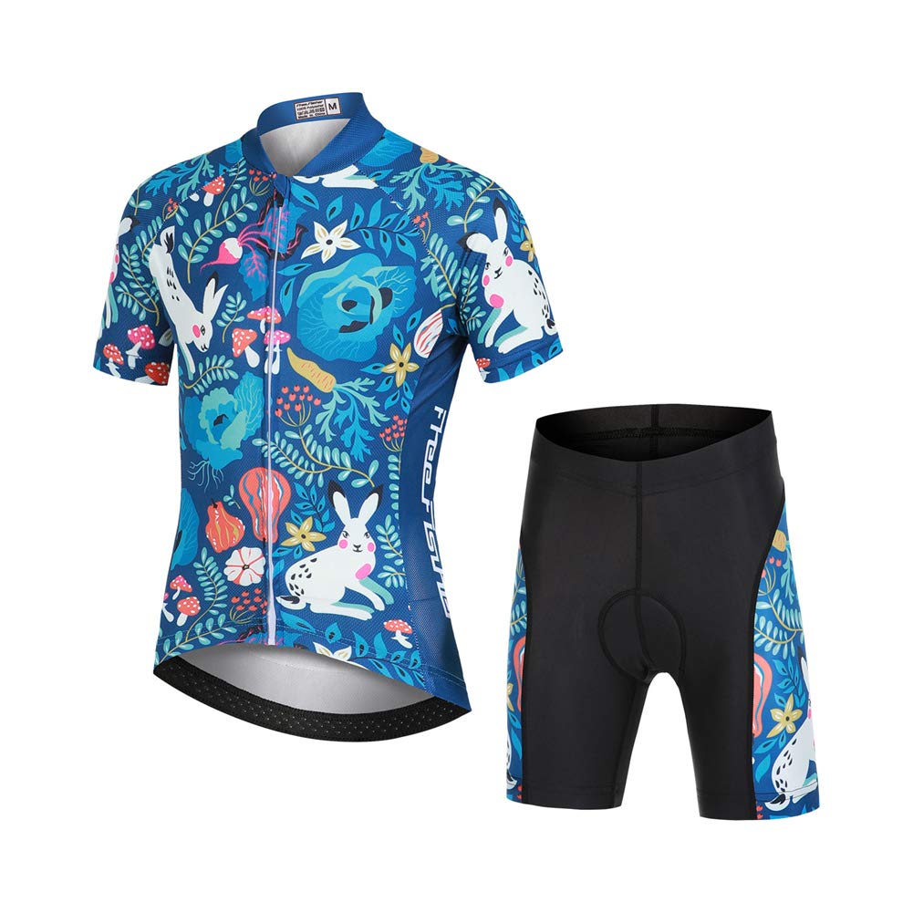 Kinder Jungen Radtrikot Set, Mädchen Radbekleidung Anzüge, Quick Dry Radsportanzug, Fahrradtrikot Kurzarm und 3D Sitzpolster Radhose, Kaninchen Wald, 122/128(Herstellergröße: L)