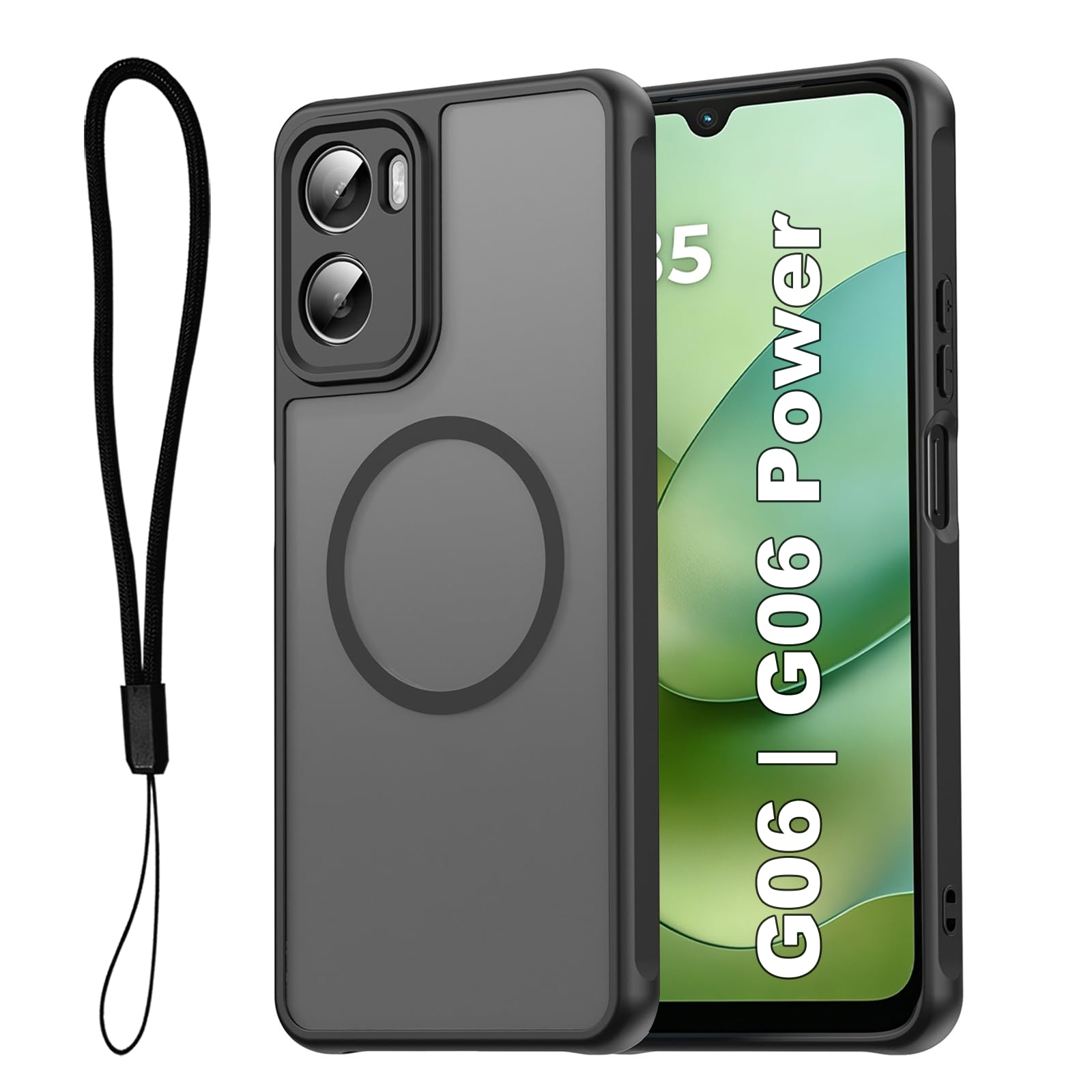 USTIYA Magnética Funda para Motorola Moto G06 / G06 Power Case Matte Acrílico Uso Rudo Protectora de cámara Cover Carcasa Accesorios de Celular con Correa Cordón Negro FGCX
