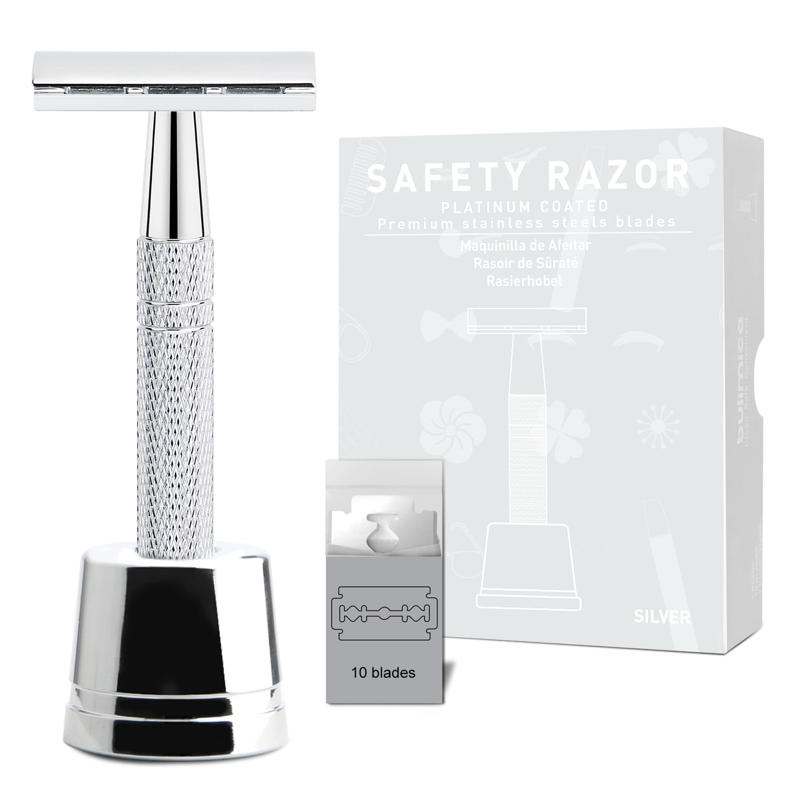 Double Edge Safety Razor with Stand, Single Blade Razors for Men and Women, Reusable Metal Razor, with 10 Double Edge Blades, Smooth and Close Shave, Shiny Silver