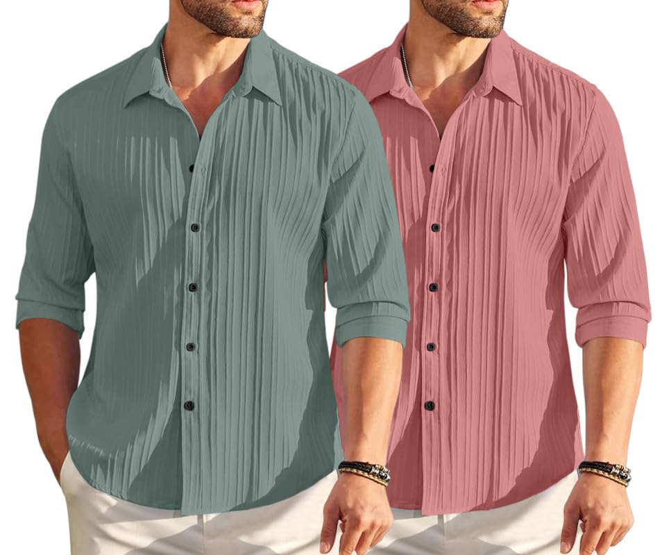 Image of FINIVO FASHION Men's Cotton Blend Shirt Set Lightweight, Full Sleeves, Plain Texture, Button Closure, Summer Ready (Pack of 2)