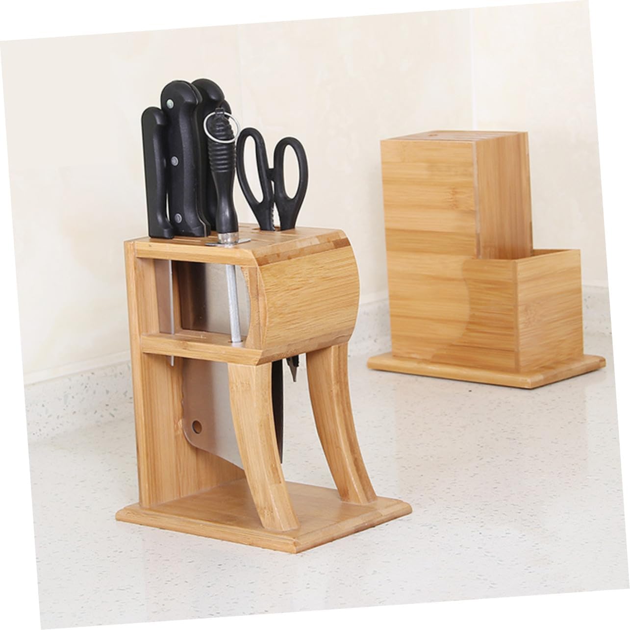 Knife Block Rack with Slots Horizontal Cutlery Organizer Kitchen Storage Stand for Knives and Accessories Natural Ventilated R-shape Holder