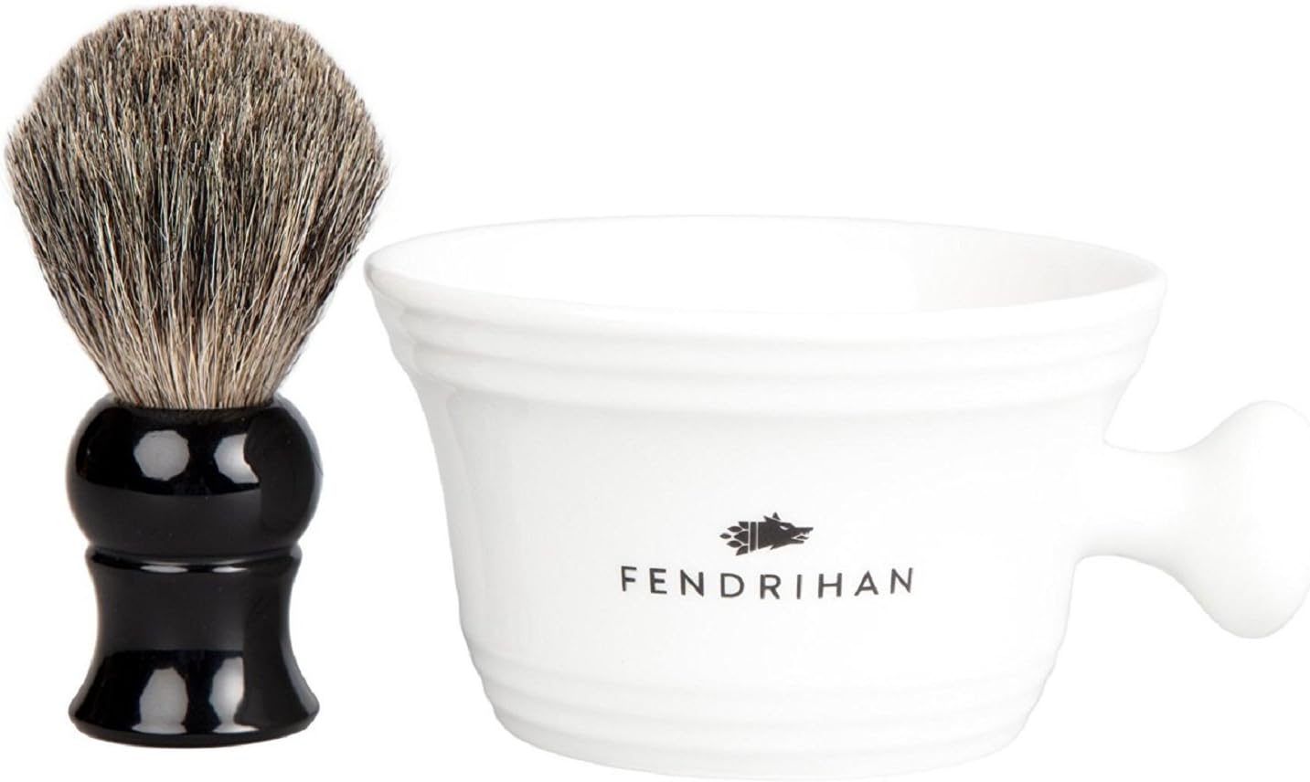 Fendrihan Porcelain Shaving Mug, White (MADE IN THE EUROPEAN UNION) AND Genuine 100% Pure Badger Shaving Brush with Black Handle