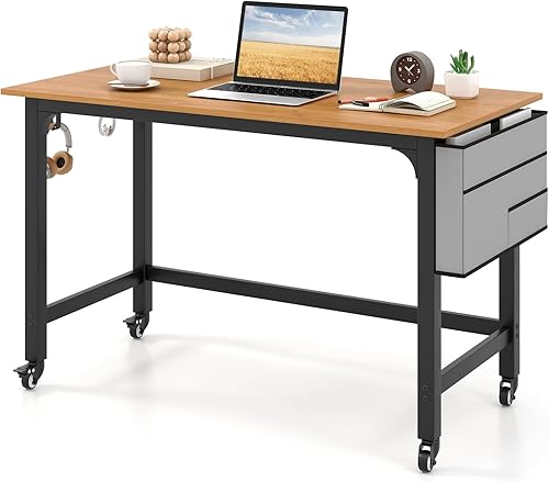 COSTWAY Escritorio móvil para computadora de 48 pulgadas, escritorio de oficina en casa con ruedas, mesa de escritura de estudio simple con 4 ruedas