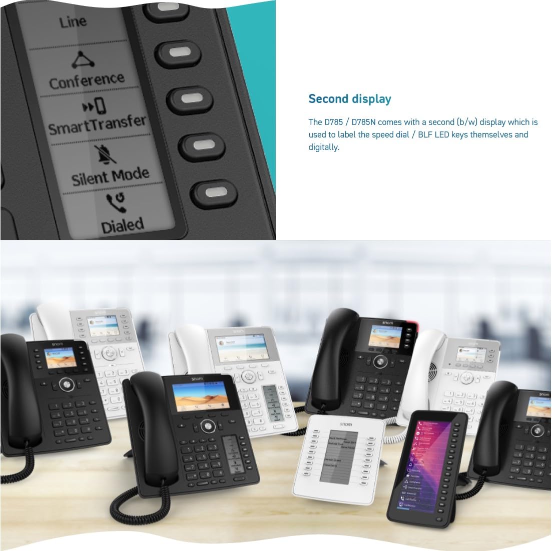 Snom D785N IP Telefon, SIP Tischtelefon, 4,3" TFT-Farbdisplay 480x272 Pixel, 12 SIP-Identitäten, 48 selbstbeschriftende Tasten (12 physisch), Sensorhakenschalter, USB, Gigabit PoE, Schwarz, 00004599