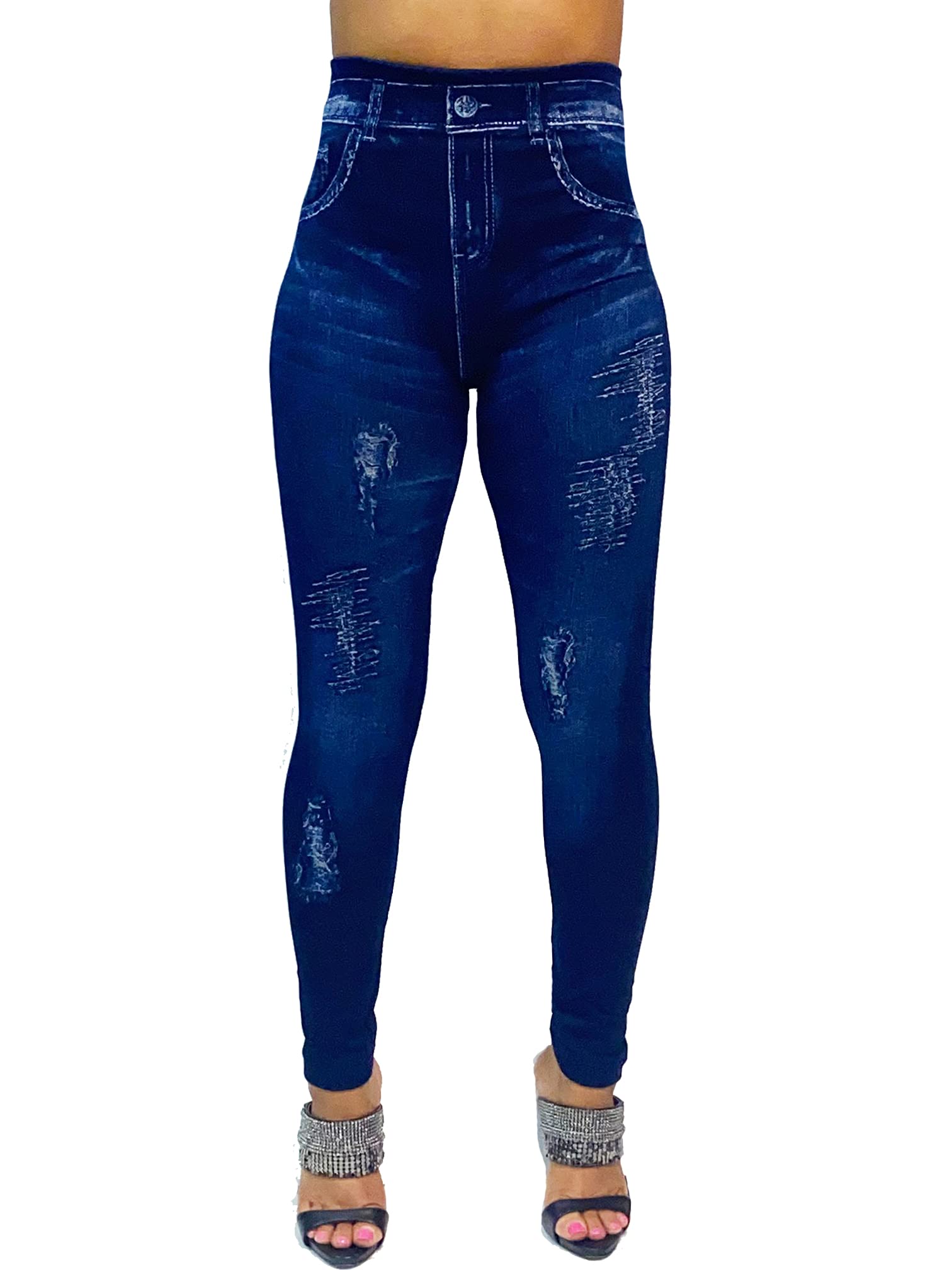 CLOYA Women's Denim Print Seamless Full Leggings for All Seasons - One Size Fits Small and Medium