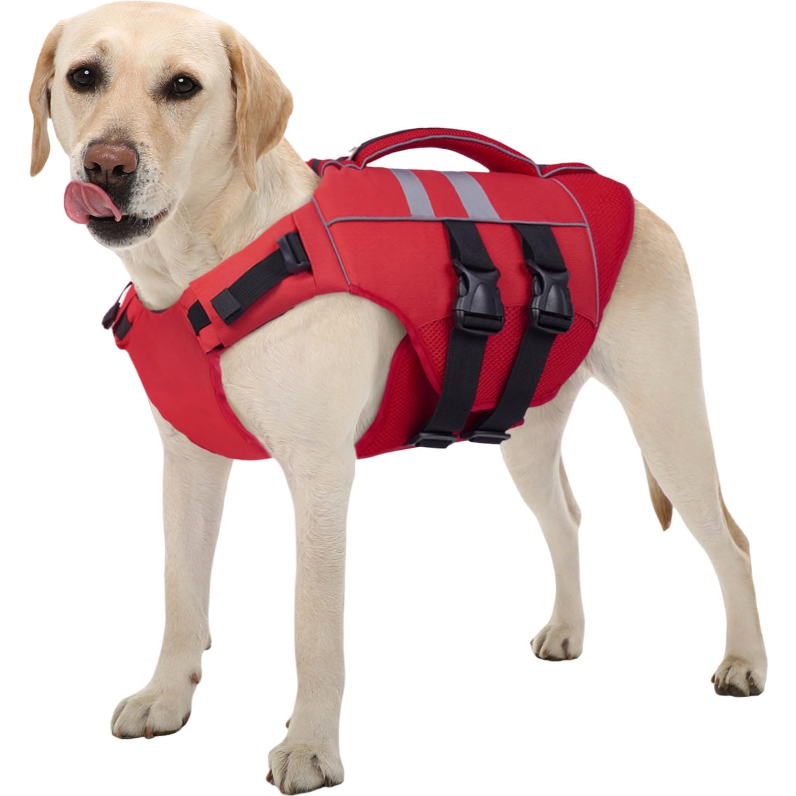 Kuoser XL Dog Life Jacket, Large High Flotation Dog Life Vest for Swimming Boating, Reflective Dog Swimming Vest Pet Life Preserver with Rescue Handle, Red XL