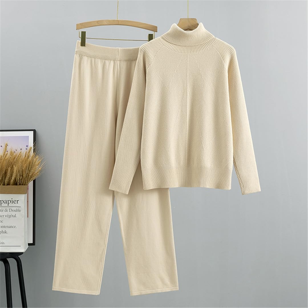 Tuta da Donna in Maglia A Due Pezzi Autunno Inverno Caldo Maglione A Collo Alto Set Moda Casual Pantalone da Donna