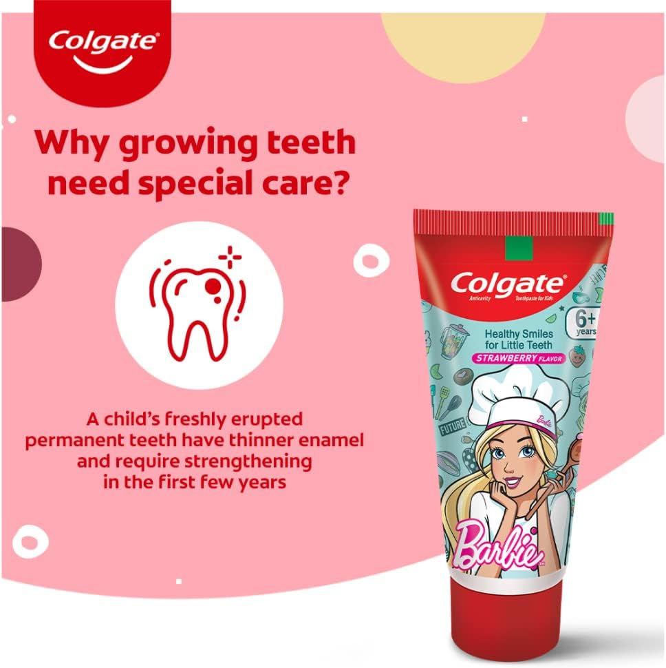 Colgate Anticavity Kids Barbie Toothpaste (6+ Years), Strawberry Flavour 80G/2.8oz (Pack of 2) with Colgate Barbie Toothbrush 1 Pc