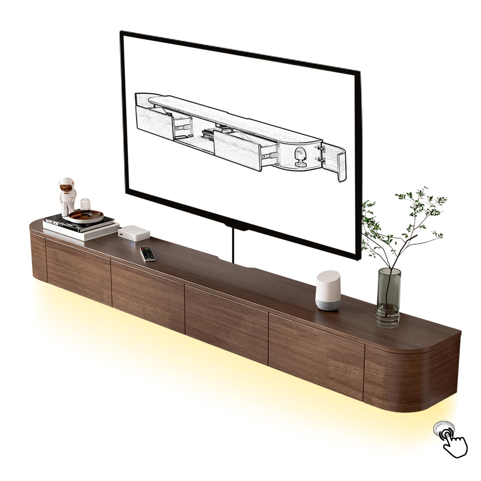 Schwebender TV-Ständer Aus Massivholz, Hochglanz-TV-Wandschrank, Schwebende TV-Regale Mit Tür Und Schubladen, Moderne Entertainment-Medienkonsole (Braun + LED, 240 cm)