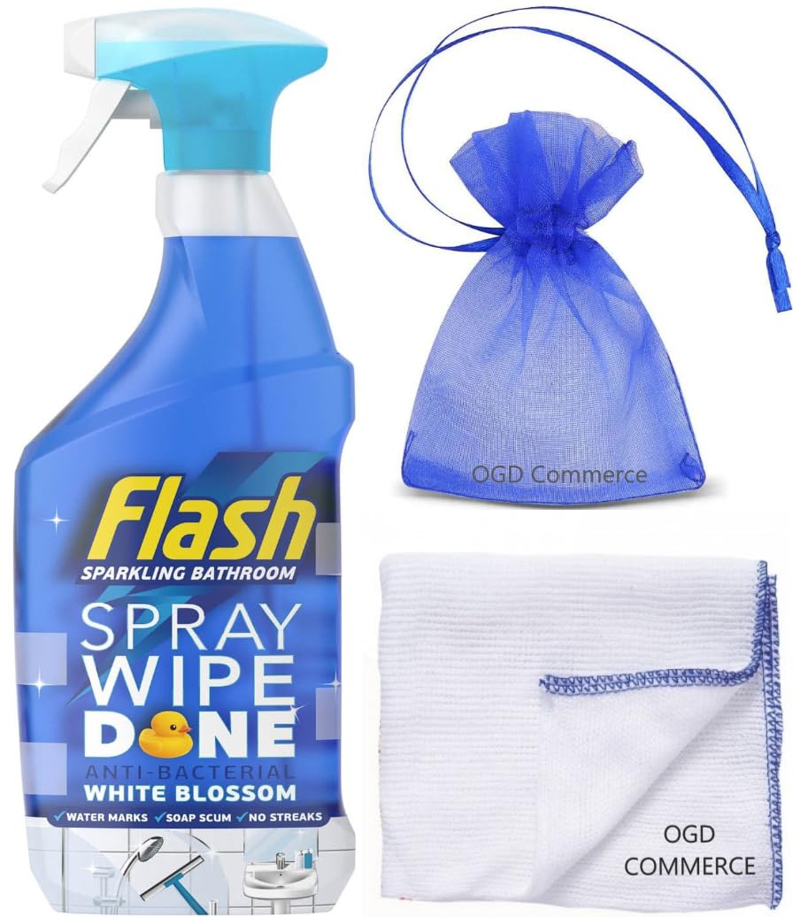 Flash Sparkling Bathroom, Antibacterial Cleaning Spray Wipe-Done, 800ml, White Blossom Fragrance + for You: Cleaning Cloth + Organza Small Bag