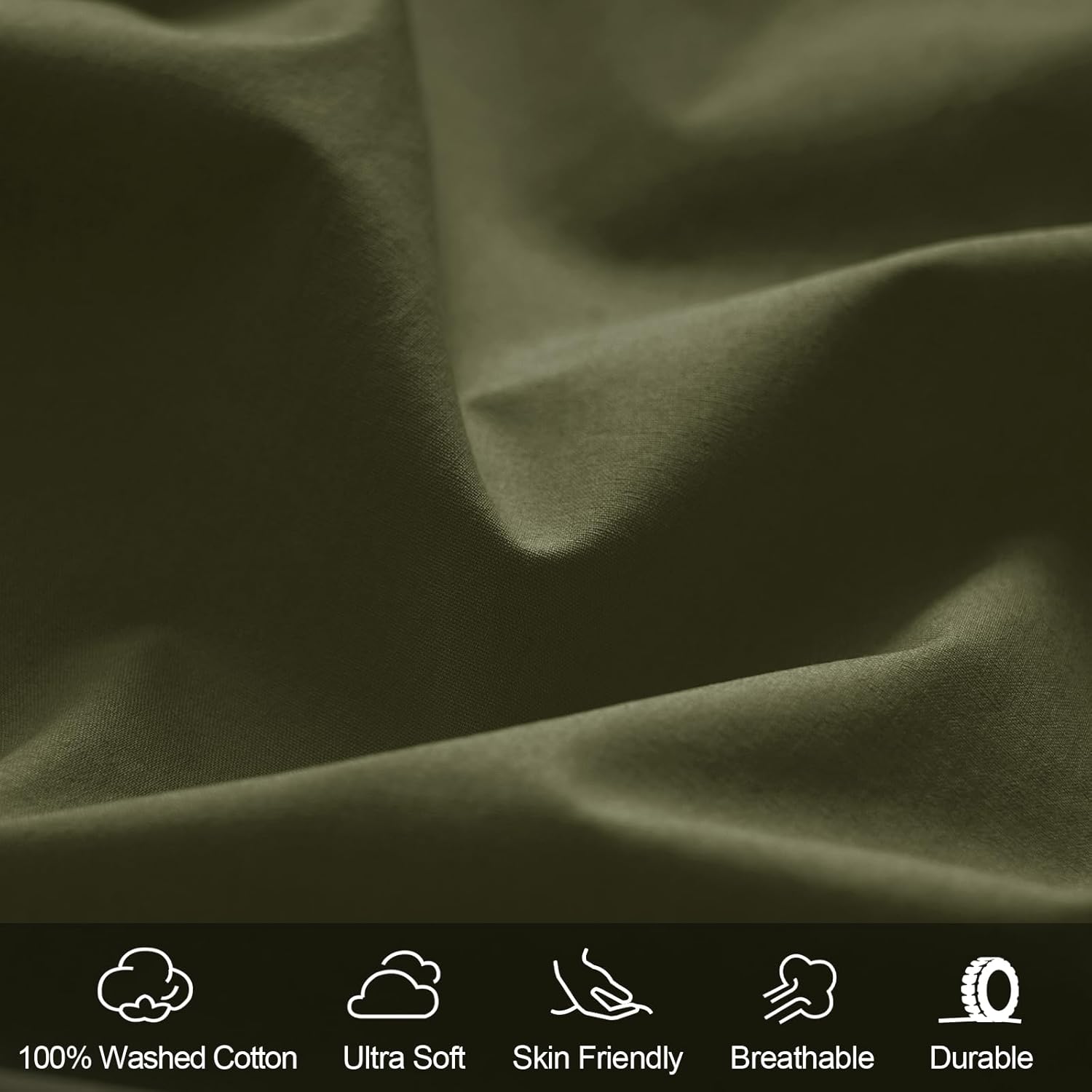 PHF 100% Garment Washed Cotton Fitted Sheet Queen Size - Cozy Cloud Soft Linen Like Bottom Sheet Only with Elastic Deep Pockets, Easy Fit Breathable Warm not Shrink,60"x 80",Olive Green,No Pillowcase