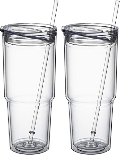 MEWAY 2 vasos aislados clásicos de 30 onzas vaso acrílico de doble pared con tapa vasos aislados de plástico reutilizables con popote para bebidas