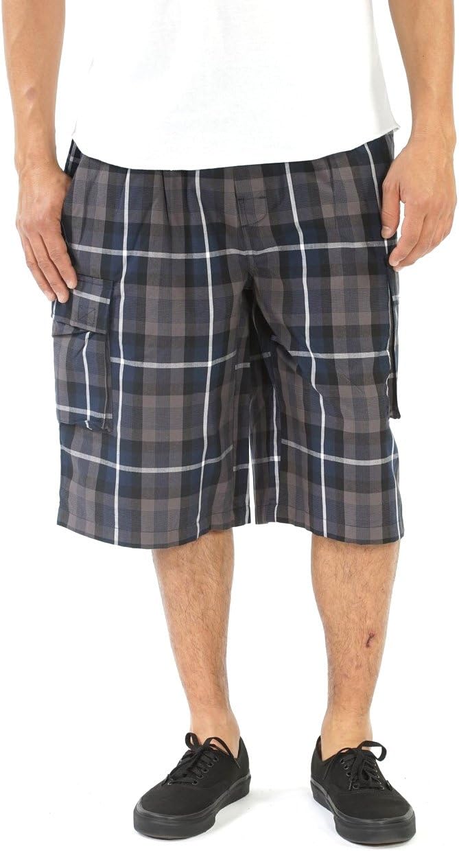YAGO Men's Elastic Waist Drawstring Relaxed Fit Plaid Cargo Shorts S-5XL