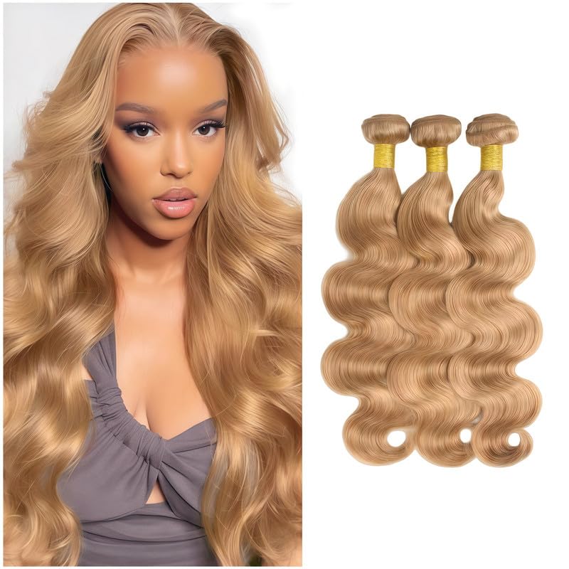 Honey Blonde Human Hair Bundles Brazilian Human Hair Weave Extensions No Shedding No Tangle 14 16 18 inch Body Wave Bundles Human Hair Extensions 27 Color