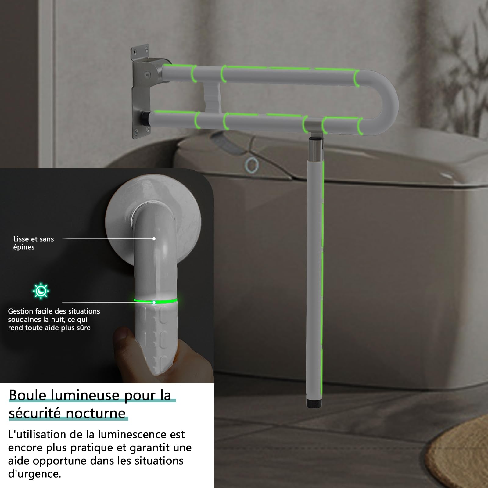 Main Courante Salle de Bain, Antidérapante, Anti-Basculement, 300kg