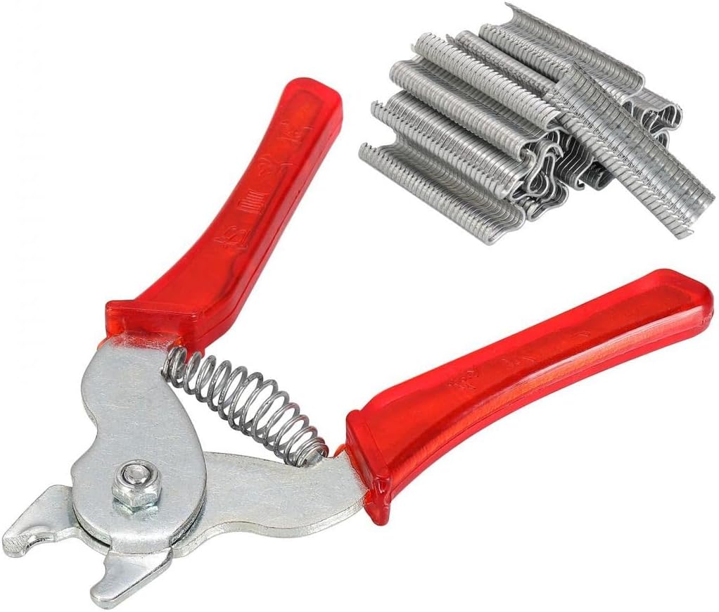 HOHOVYVY Ring pliers, spring loaded pliers with 600 galvanised rings, special grooves for placing the M-rings, for upholstery, fences, sausage and meat cladding