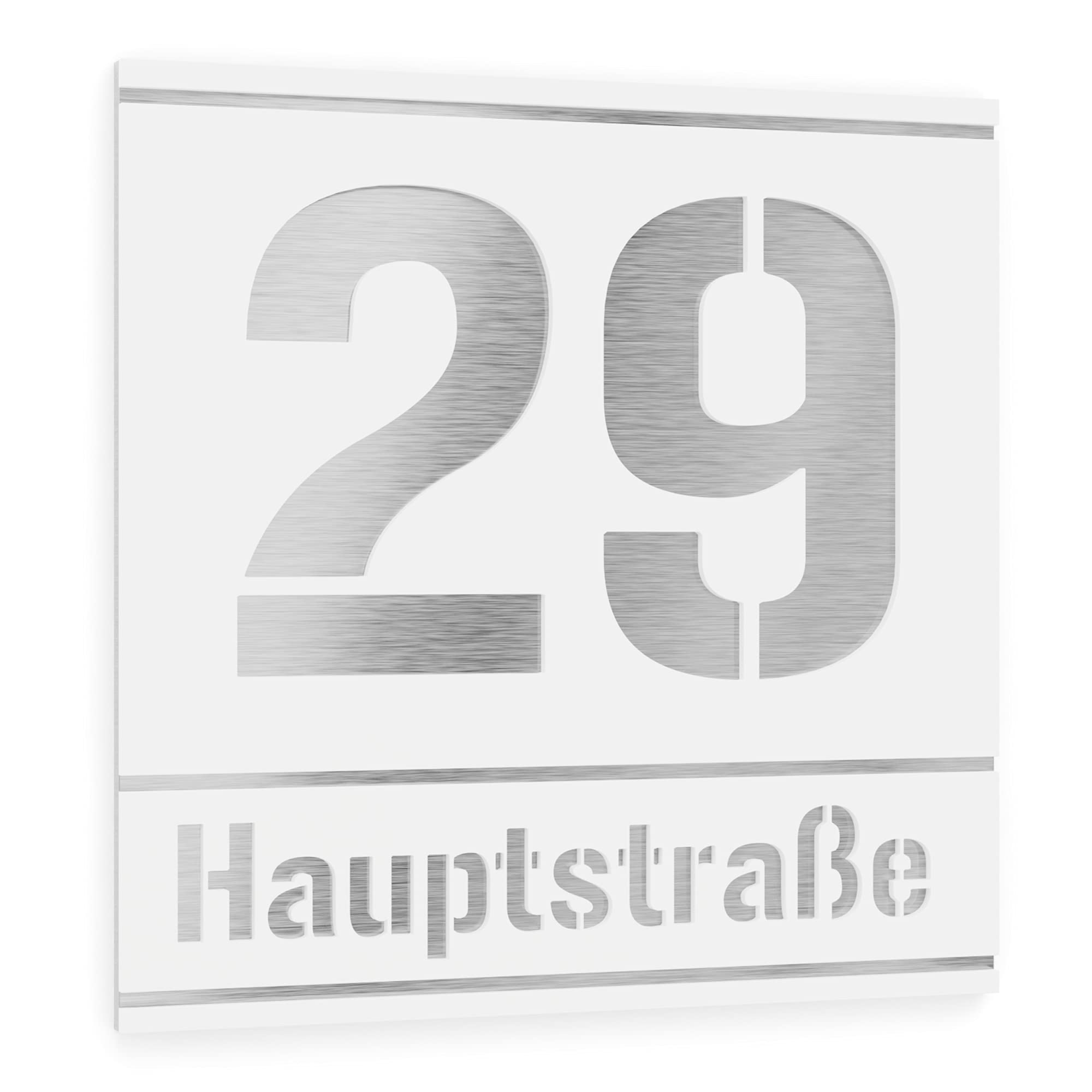 targhetta numero civico a due righe da esterno – 380x380 mm, bianco, acciaio inox V2A (AISI 304), personalizzabile
