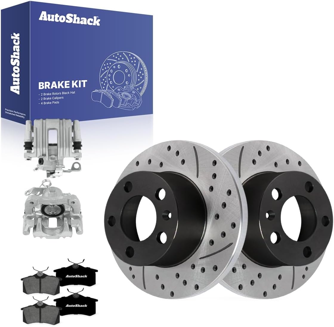 AutoShack Rear Solid Drilled & Slotted E-Coated Brake Rotors + Premium Ceramic Pads + Calipers 8-PC Brake Kit Replacement for 2000-2010 Volkswagen Beetle 2000-2006 Audi TT ShadowGuard 9.12" (231.7 mm)