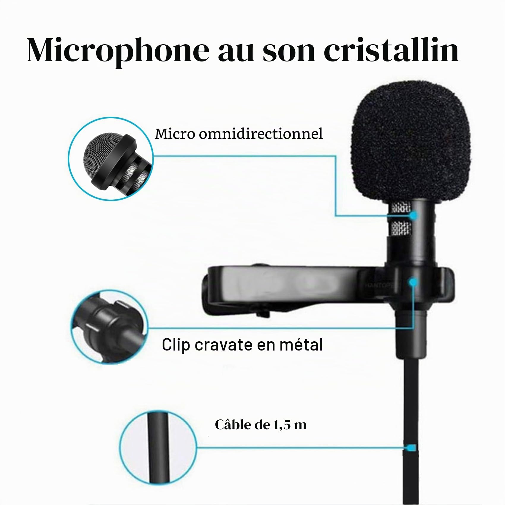 Lavalier Lapel Microphone de Remplacement 3,5 mm pour Rode Wireless GO 2 II, pour DJI MIC 2 Microphone émetteur Condensateur Mic de Lapel idéal pour interviews, Podcasts, Vlogs,1,5M