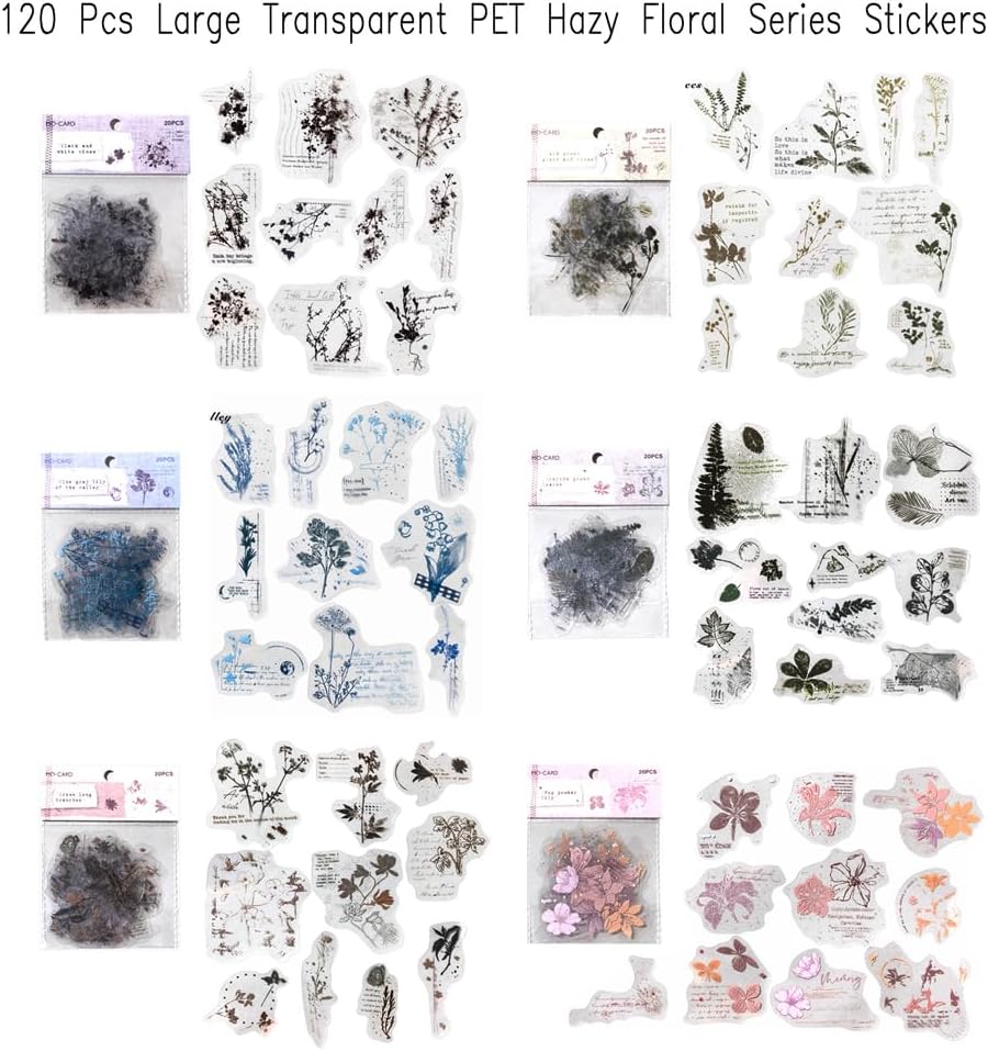 Transparent PET Vintage Stickers for Journaling, 120 Pieces Decorative Plant Flowers Words Background Stickers for Junk Journal Supplies, Scrapbooking, Retro Collage Crafts Arts, Hazy Floral Series image 2