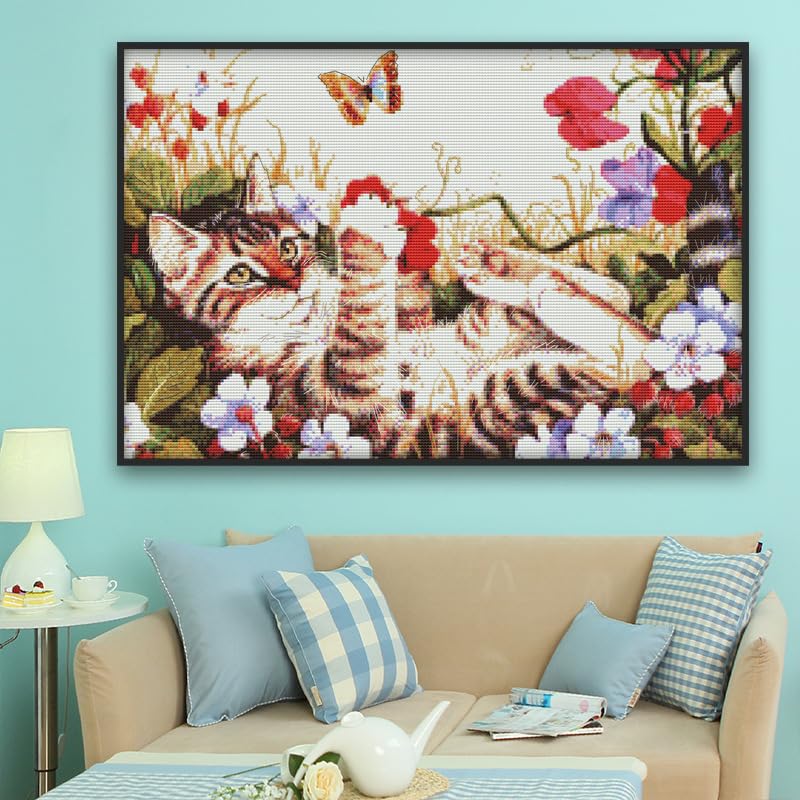 Image of Rosyfoxes Cross Stitch Kits Stamped Full Range of Embroidery Starter Kits for Beginners DIY- Printed Kits Leisure cat (Printed) 11CT 24x16.9 inches