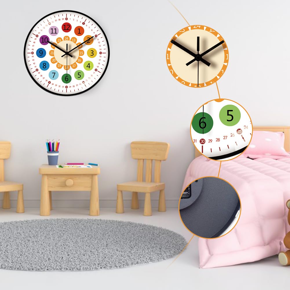 RANJIMA Orologio Da Parete Per Bambini 30 Cm – Silenzioso, A Colori, Con Formato 12/24 Ore – Vetro Temperato – Imparare L’Ora - 2