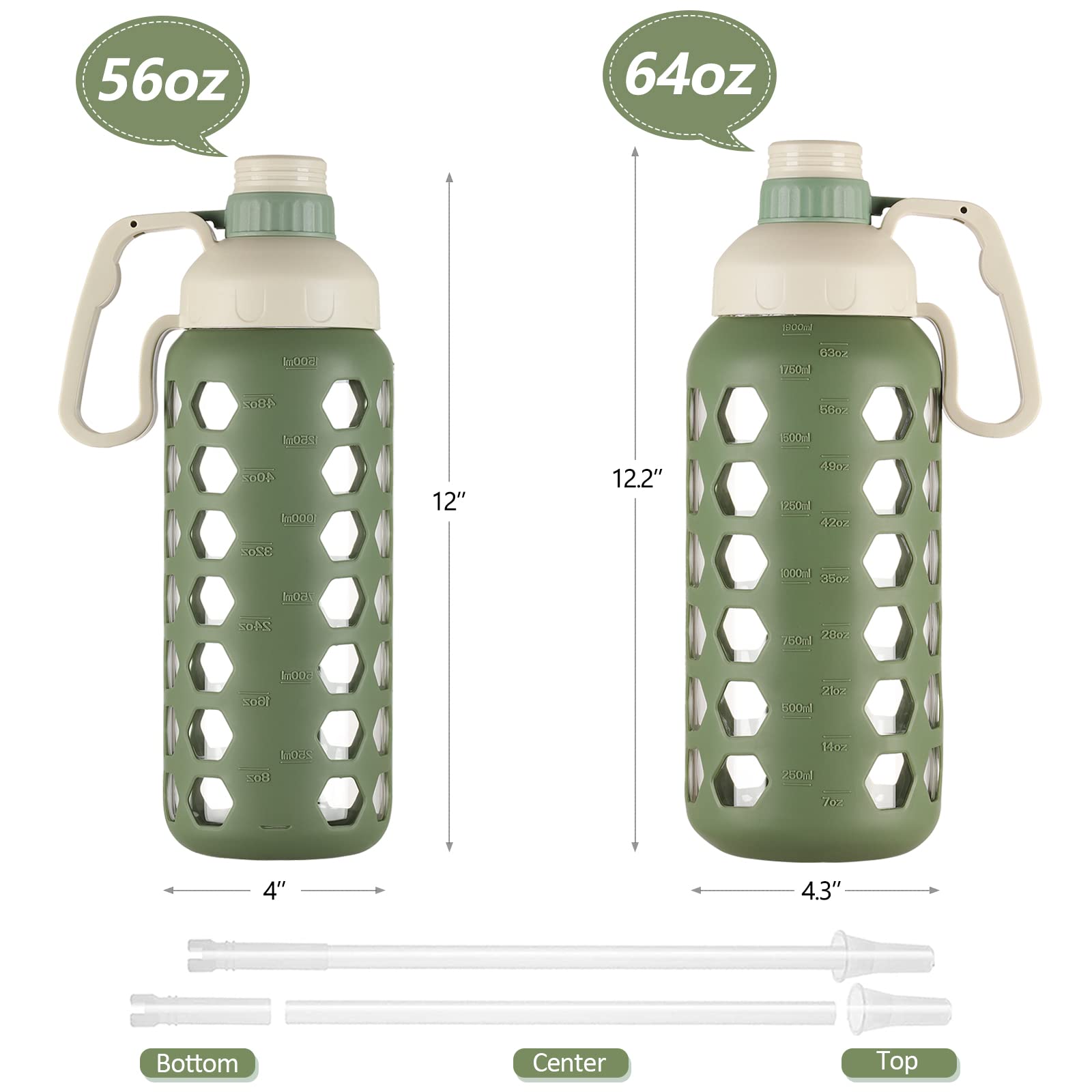 MUKOKO 56 Oz Glass Water Bottles, Half Gallon Water Bottle With Straw And Silicone Sleeve Wide Mouth Leakproof Reusable Water Jug With Time Marker And Handle For Gym, Outdoor, BPA Free,Olive