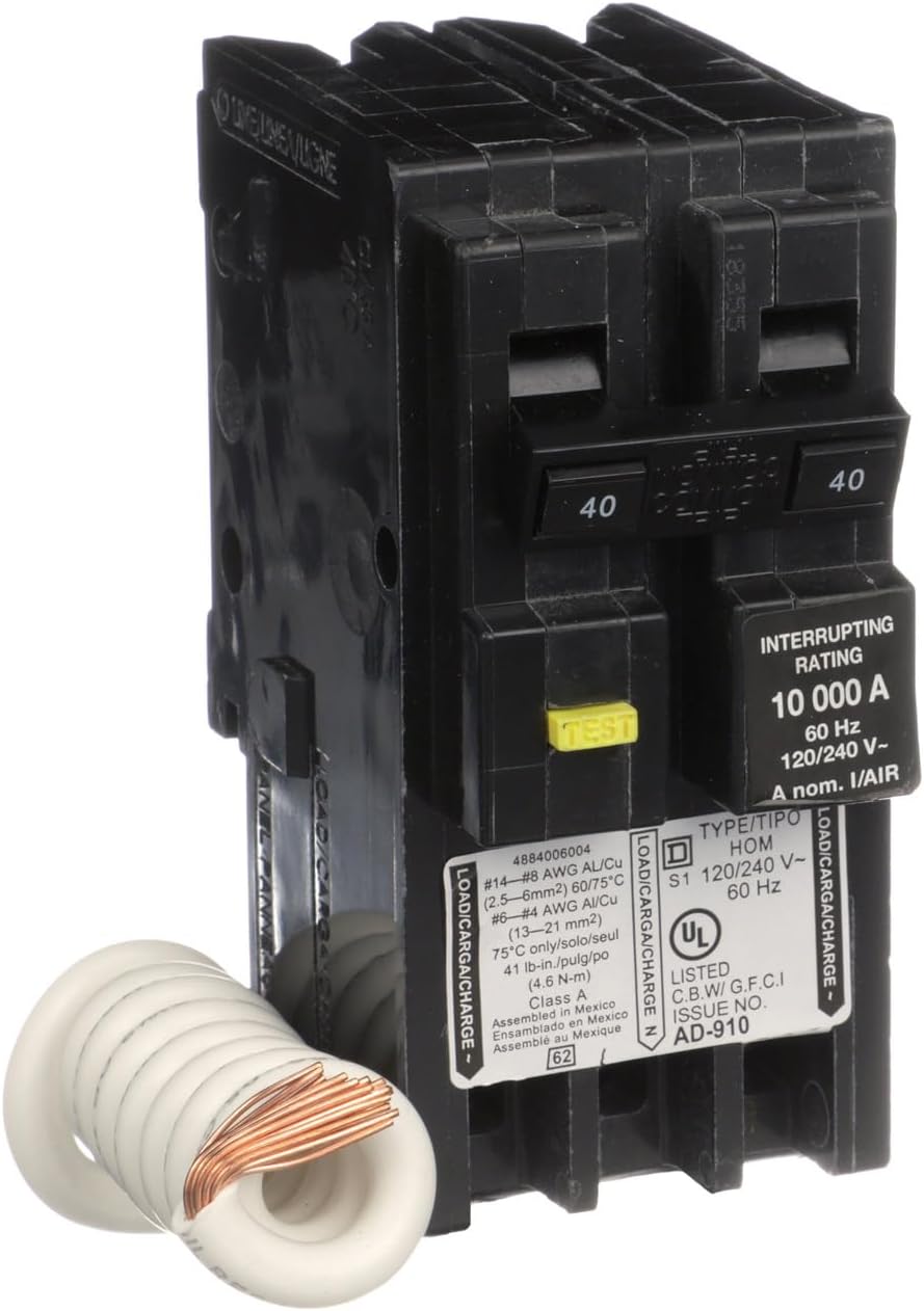 Square D by Schneider Electric Homeline 40 Amp Mini Circuit Breaker, 2 Pole, 120/240V AC, 10kA Breaking Capacity, Plug in Mount, GFCI Class A, Residential Use (‎HOM240GFIC)