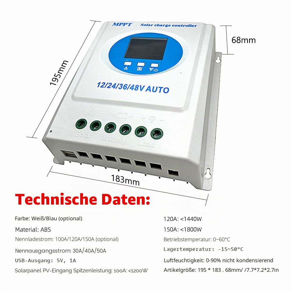 Irfora MPPT Solarladeregler 150A 12V/24V/36V/48V LCD-Display Intelligenter Batterieregler mit doppeltem USB-Ausgang für Al/Lithium-Batterie
