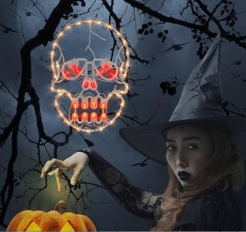 Miniatura 4 de JUSTPRO Decoración de silueta de ventana de Halloween con calavera iluminada de 13.3 pulgadas, decoración de ventana iluminada de Halloween, adorno