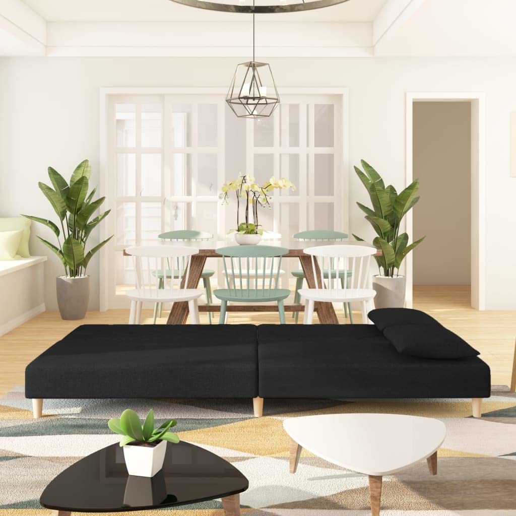 Sofá cama de 2 plazas con 2 cojines de tela negra - Cama y asiento para el salón con marco de madera resistente y función cómoda 2 en 1