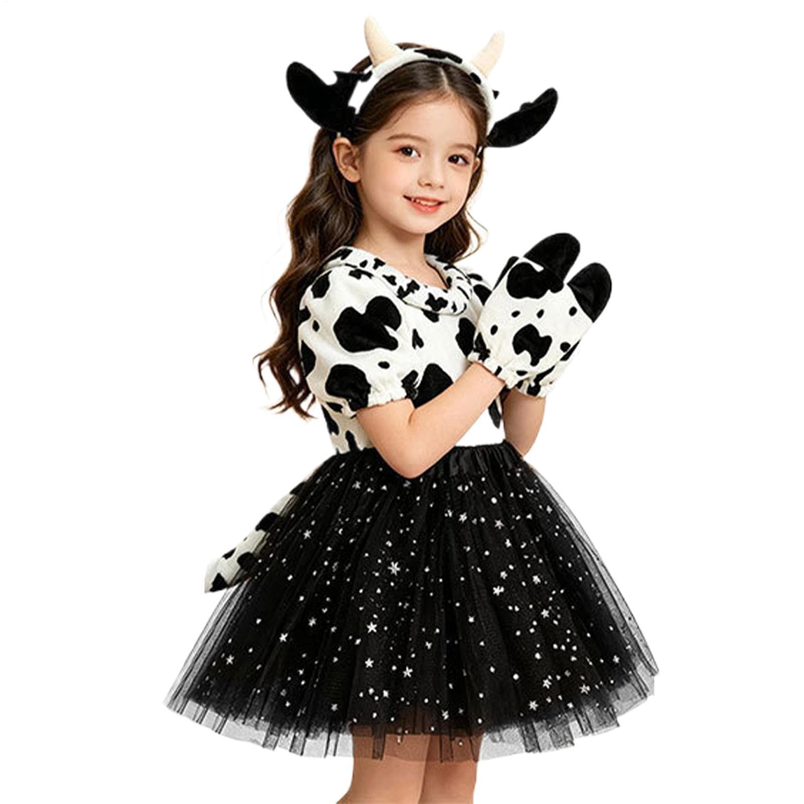 Tklwpai Cow Costume - Girls Outfit Set with Cow Headband Tail Gloves - Tutu Dress,for Concert Party Cosplay Carnival Masquerade School Event