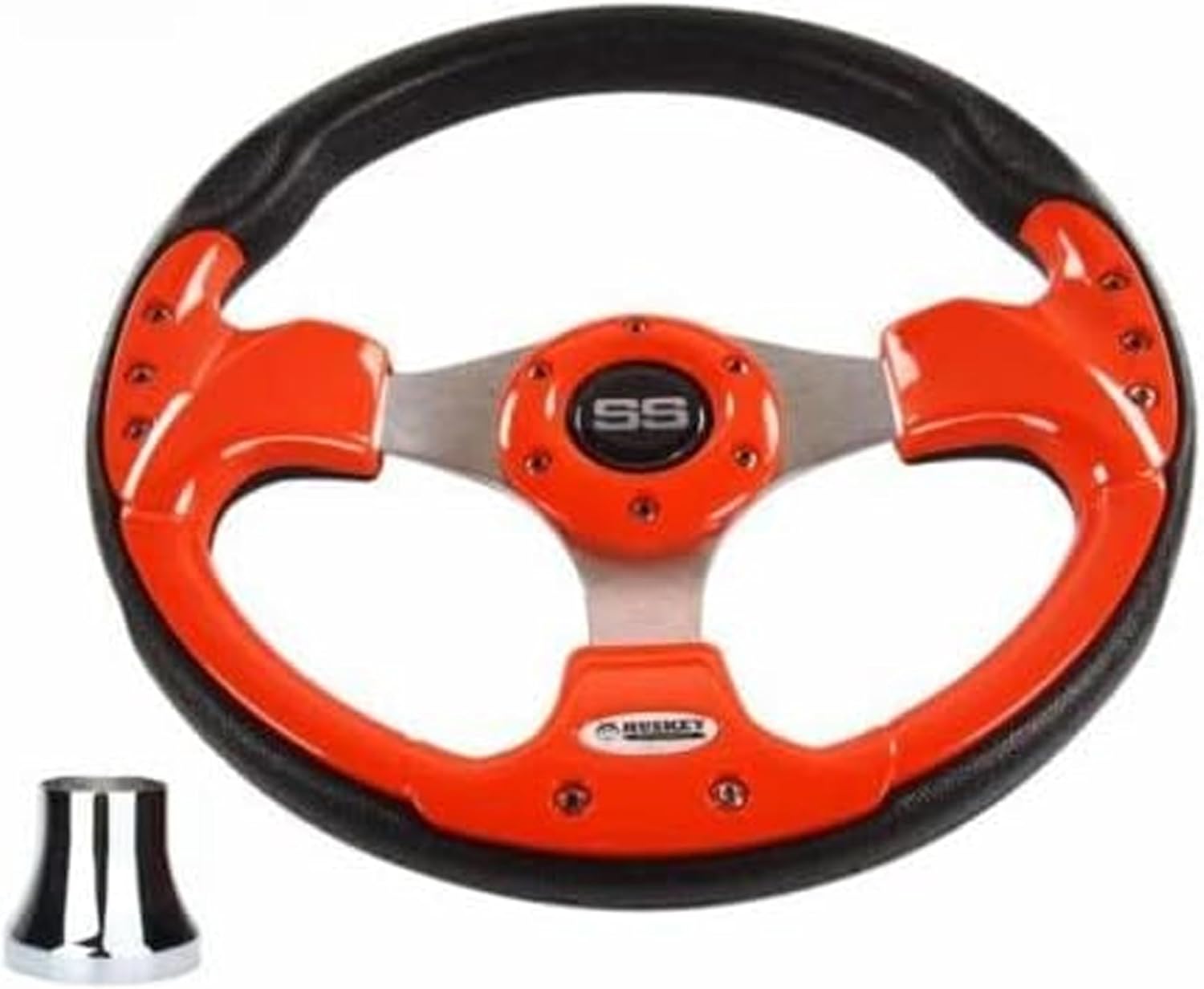 Huskey 12.5 Inch Racing Style Orange Steering Wheel For Club Car, EZGO, and Yamaha Golf Carts With SS Logo,Stylish Aluminum Horn Button And Polyurethane Grip. (Adapter Required).