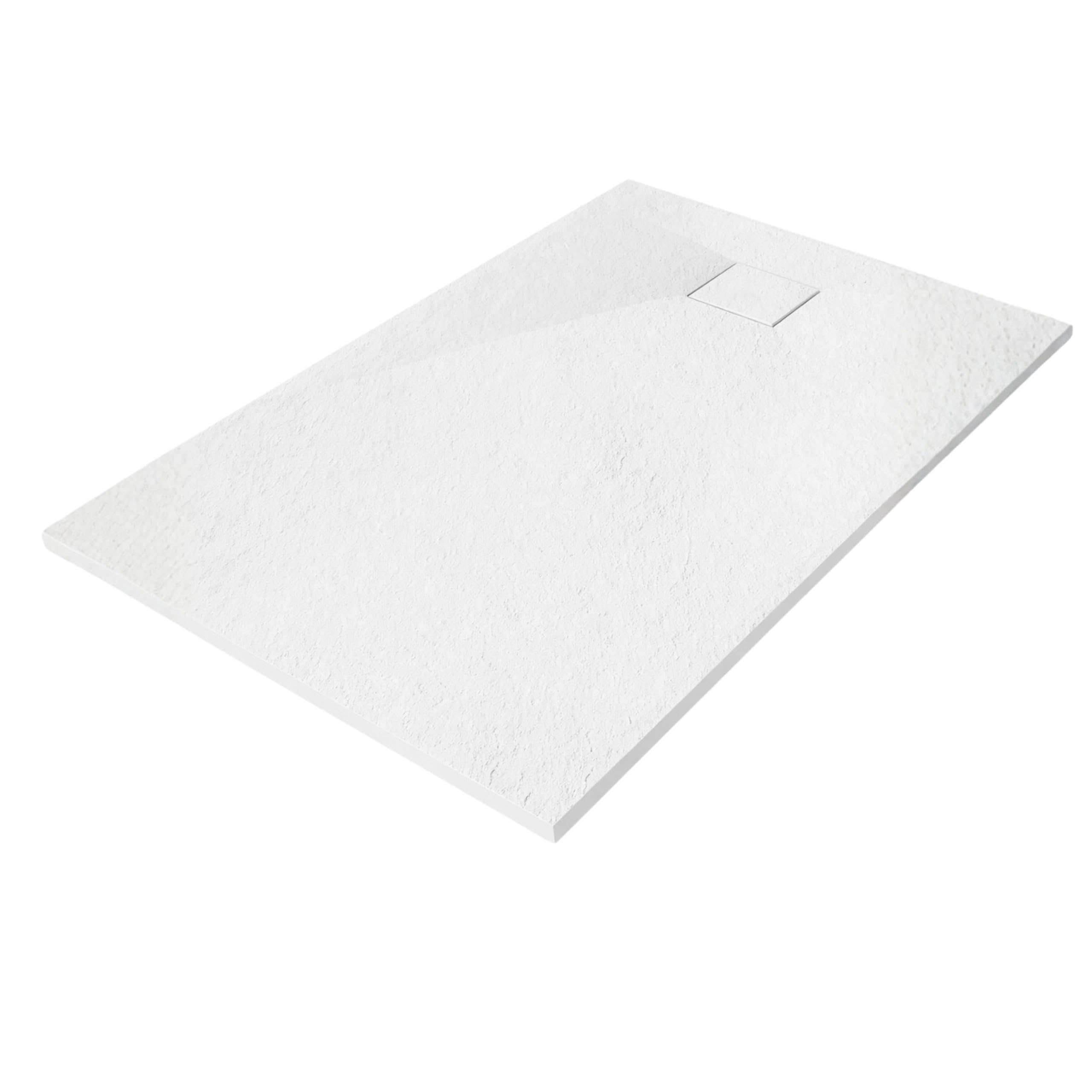AQUAUNO Brodzik prysznicowy 140 x 80 cm o wyglądzie kamienia, ultra płaski 2,6 cm – brodzik z kompozytu SMC, w zestawie syfon, odpływ 90 mm, czyszczenie od góry, biały