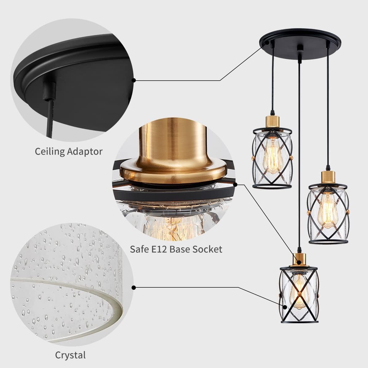 WUZUPS Chandelier Semi Flushmount Industrial 3-Light Pendant Ceiling Light Fixture Clear Seeded Glass Shade for Entryway Porch Foyer Kitchen Dining Room Bathroom W11.5 E26 Base Black with Brass
