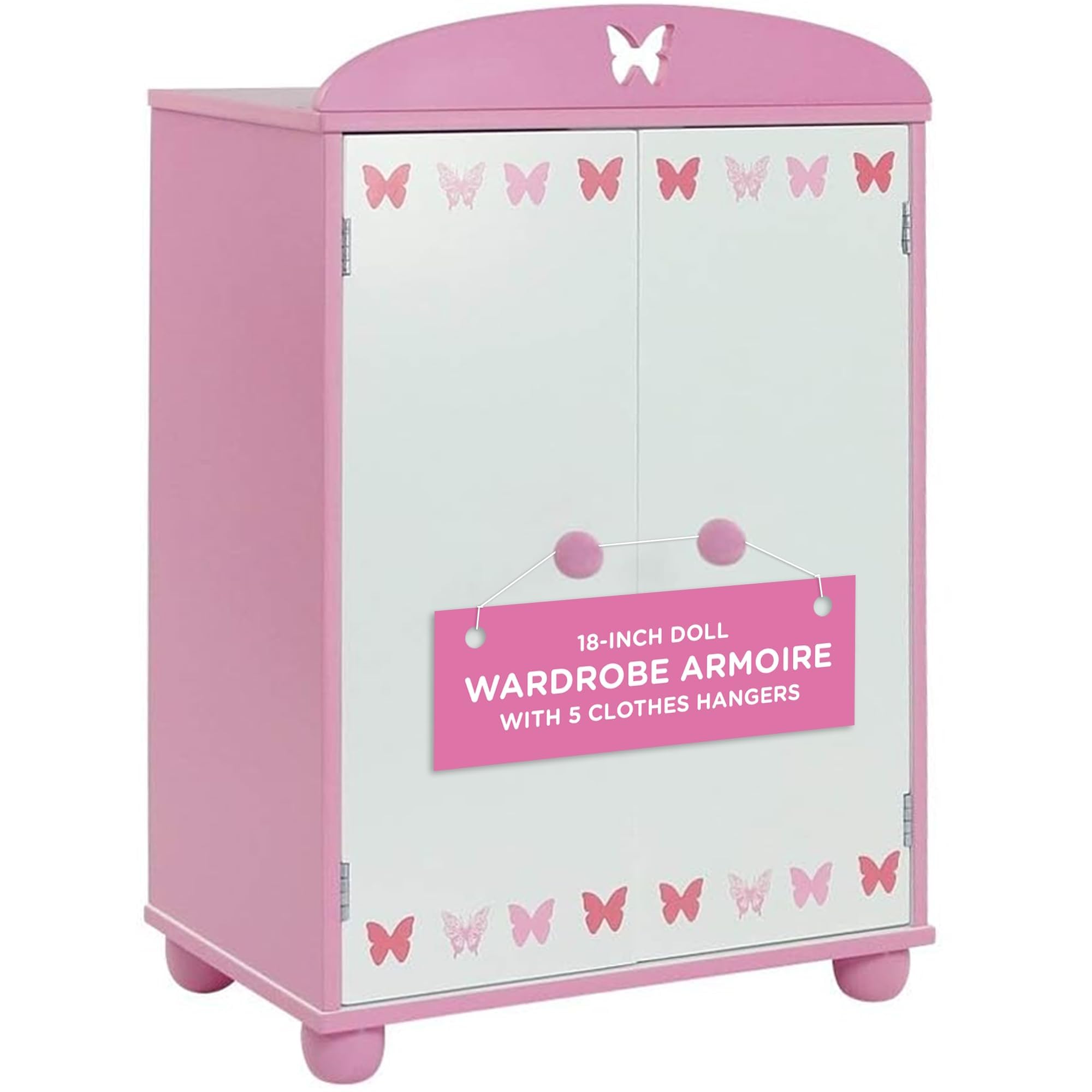 18 Inch Doll Closed Door Clothes and Accessories Closet – Butterfly Furniture Collection – Fits 18” Dolls Like American Girl Our Generation Adora My Life As – Includes 5 Hangers – USA Brand