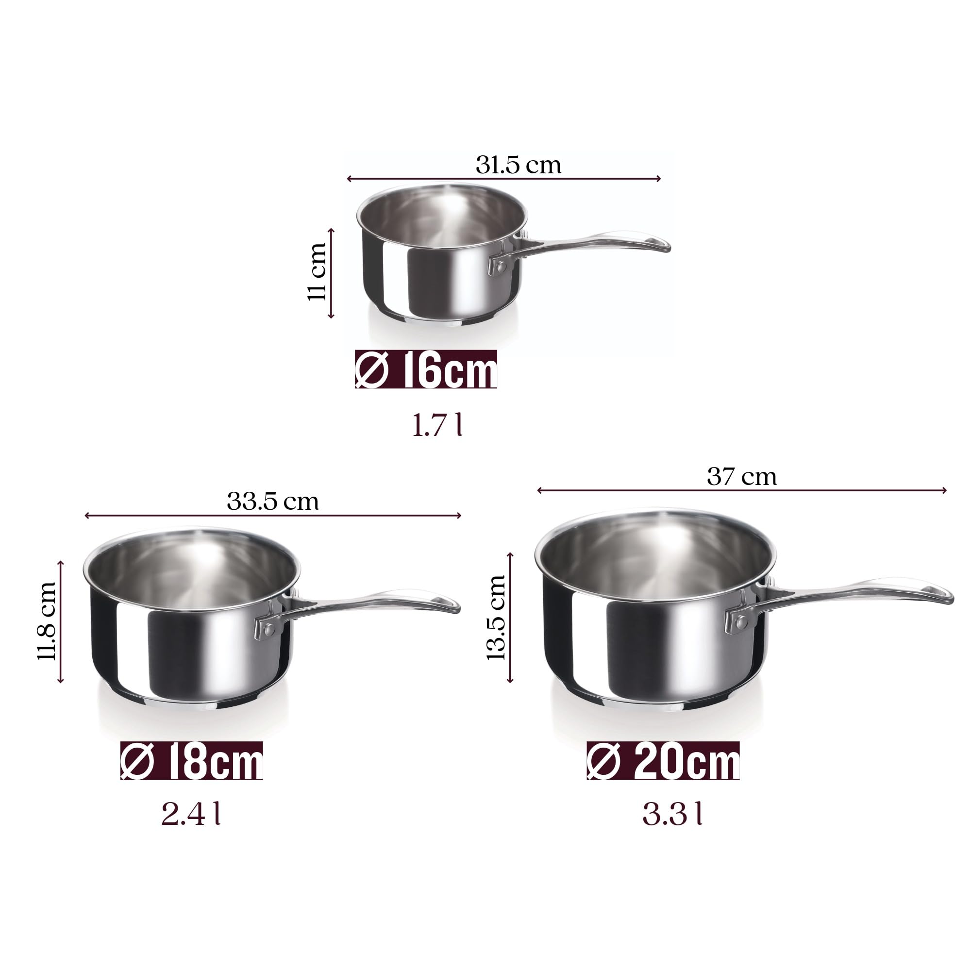 Beka Chef - Lot de 3 Casseroles Inox 18/10 - 16/18/20 cm - Tous Feux Compatible Induction - Acier Inoxydable