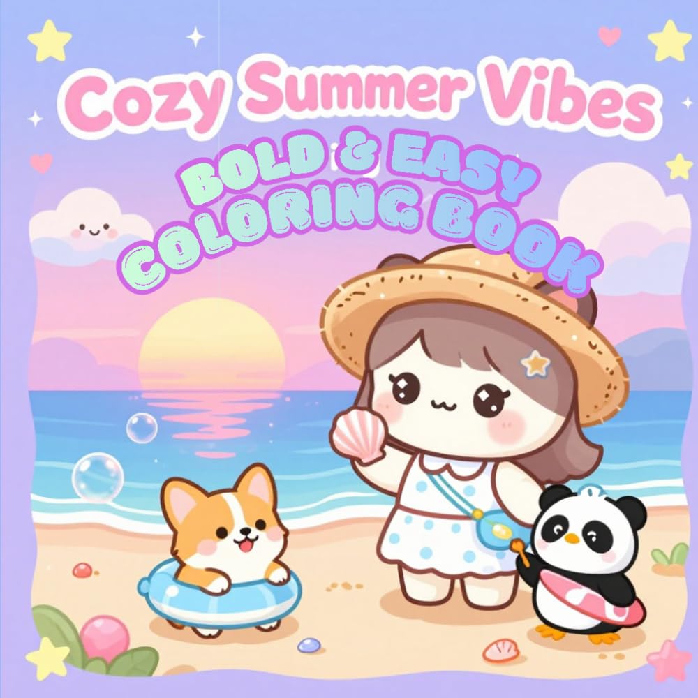 Cozy Adorable Summer Vibes : 49 Bold and Easy Cute and Magical Coloring Book: Cute Animal, Fun beach, picnic, camping, and garden scenes Stress Relief, Relaxation Kids & Adults, Fun Activities