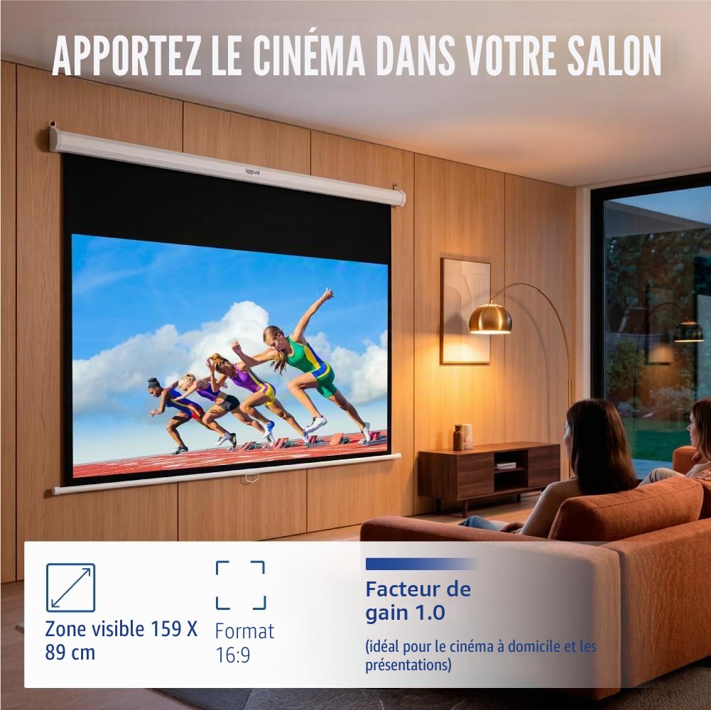 iggual Écran de Projection 72 Pouces - Enroulable Manuel Panoramique - Format 16:9 - Angle de Vision 180° - Hauteur Réglable - Adapté Mur/Plafond - Compatible 4K et Tout Projecteur, (159x89 cm)