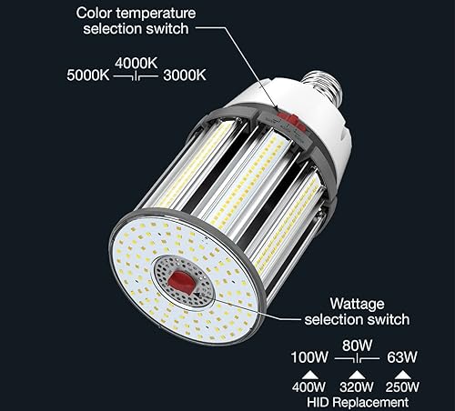 Miniatura 2 de Satco S23144/04 Hi-Pro - Lámpara LED de mazorca de maíz seleccionable con temperatura de color y potencia de color, repuesto HID, base EX39,